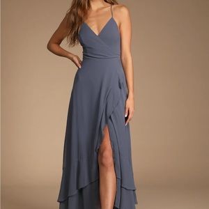 In Love Forever Granite Blue Lace-Up High-Low Maxi Dress Lulus